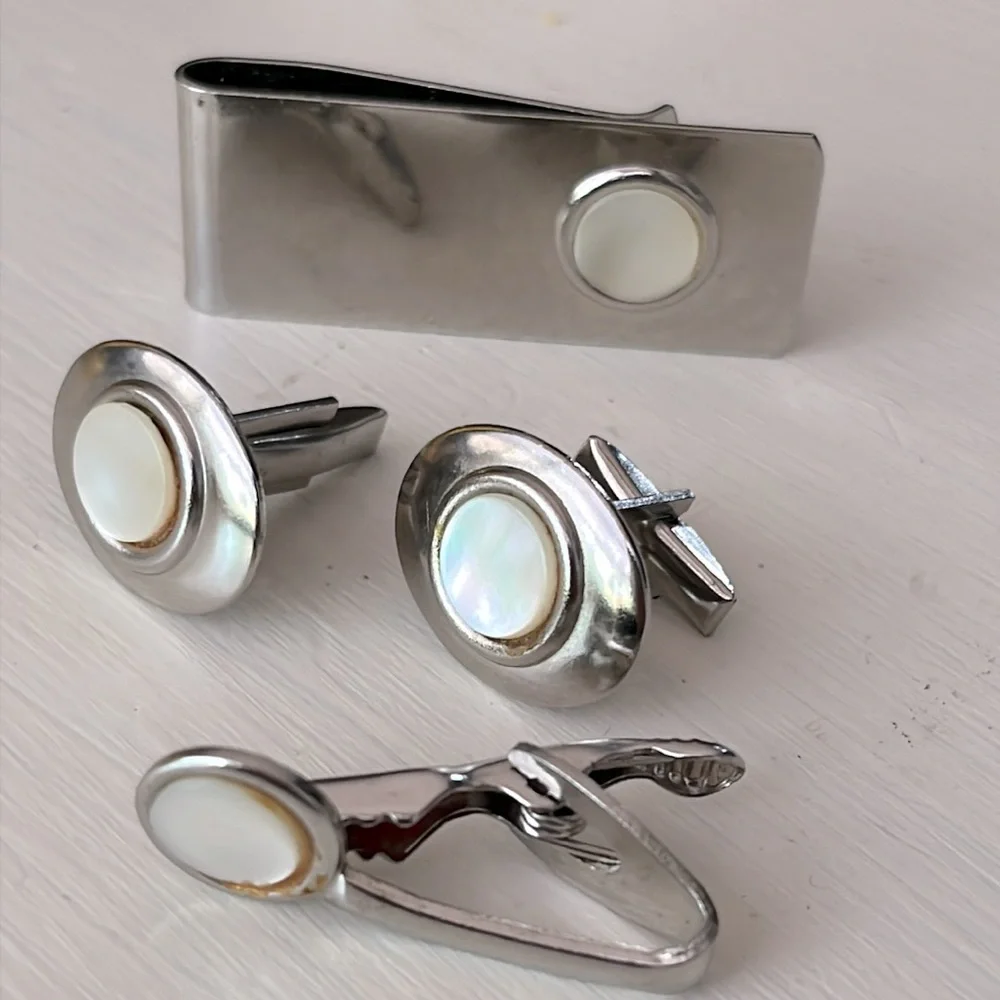 Bundle, mother of pearl money clip, tie bar, and cufflinks